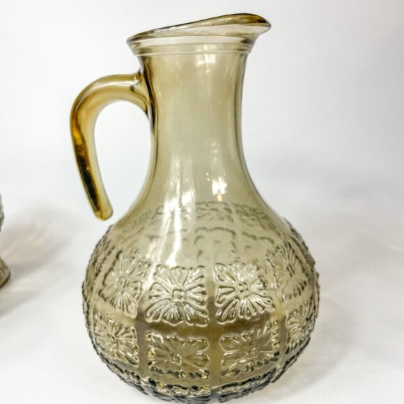 Vintage Italian Smoky Amber Glass Embossed Floral Design Pitcher 6 Tumblers Set - Picture 6 of 9